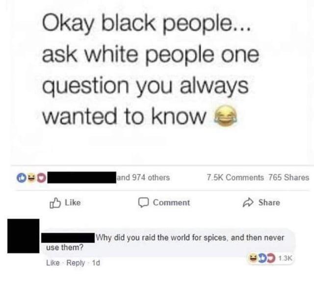 Okay black people... ask white people one question you always wanted to know 010 and 974 others 7.5K Comments 765 Shares Like Comment Share use them? Why did you raid the world for spices, and then never Like Reply 1d 1.3K