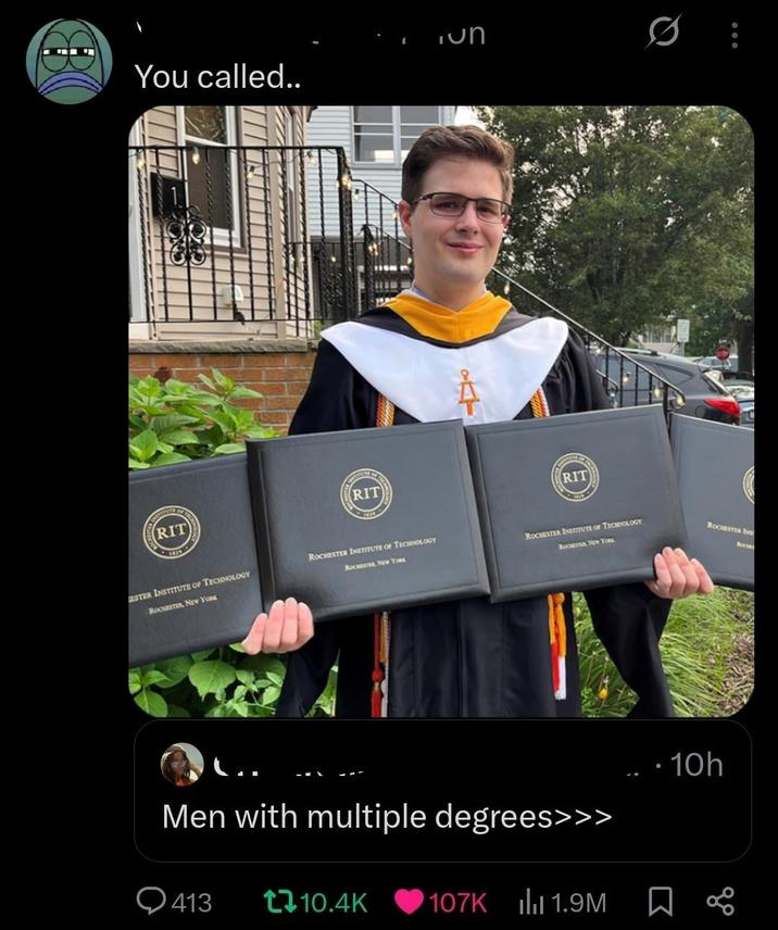 You called.. un ⑤ (RIT) ESTER INSTITUTE OF TECHNOLOGY Roca, New YORK ROCHESTER INSTITUTE OF TECHNOLOGY ROCHESTER, NEW YORK ROCHESTER INSTITUTE OF TECHNOLOGY ROCHESTER, NEW YORK ROCHESTER INS Boom Men with multiple degrees>>> . . 10h 413 t10.4K 107K 1.9M ☐ 8