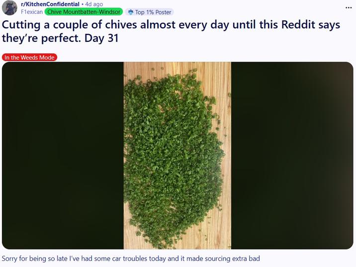 A Reddit post titled, "Cutting a couple of chives almost every day until this Reddit says they’re perfect. Day 31." This is the post that started Chivegate.