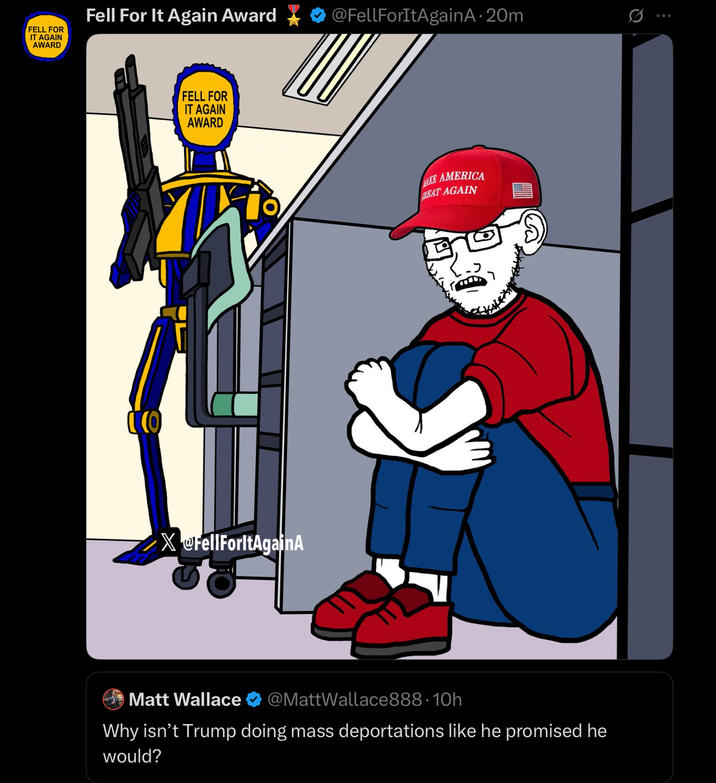 FELL FOR IT AGAIN AWARD Fell For It Again Award @FellForItAgainA.20m Co FELL FOR IT AGAIN AWARD X@FellForltAgainA AKE AMERICA CREAT AGAIN Matt Wallace @MattWallace888.10h Why isn't Trump doing mass deportations like he promised he would? Q