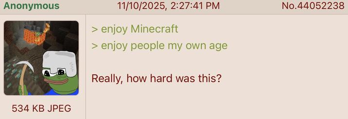 Anonymous 11/10/2025, 2:27:41 PM > enjoy Minecraft > enjoy people my own age Really, how hard was this? 534 KB JPEG No.44052238