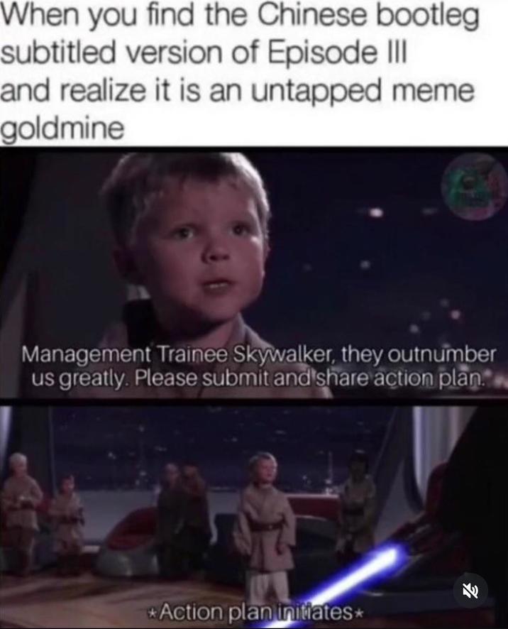 When you find the Chinese bootleg subtitled version of Episode III and realize it is an untapped meme goldmine Management Trainee Skywalker, they outnumber us greatly. Please submit and share action plan. *Action plan initiates*