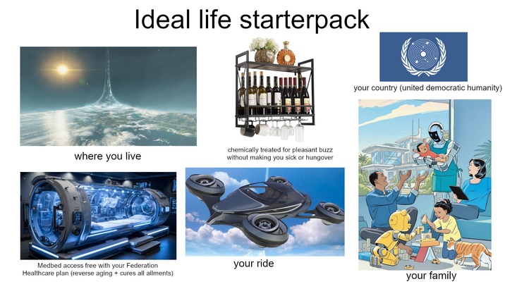 Ideal life starterpack where you live Medbed access free with your Federation Healthcare plan (reverse aging + cures all ailments) chemically treated for pleasant buzz without making you sick or hungover your country (united democratic humanity) your ride your family