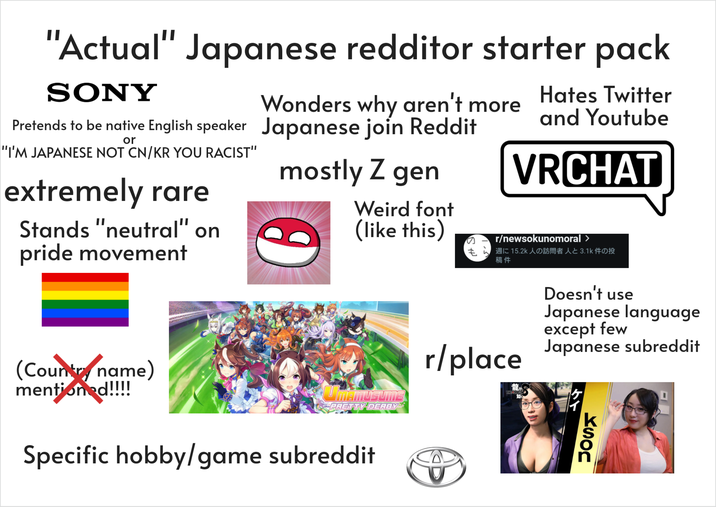 "Actual" Japanese redditor starter pack SONY Pretends to be native English speaker Japanese join Reddit or "I'M JAPANESE NOT CN/KR YOU RACIST" extremely rare Stands "neutral" on pride movement Hates Twitter Wonders why aren't more and Youtube VRCHAT mostly Z gen Weird font (like this) の r/newsokunomoral > 週に15.2k 人の訪問者人と 3.1k 件の投 稿件 (Country name) mentioned!!!! PRETTY DERBY Specific hobby/game subreddit r/place LIKE DRAGO Doesn't use Japanese language except few Japanese subreddit KSOM