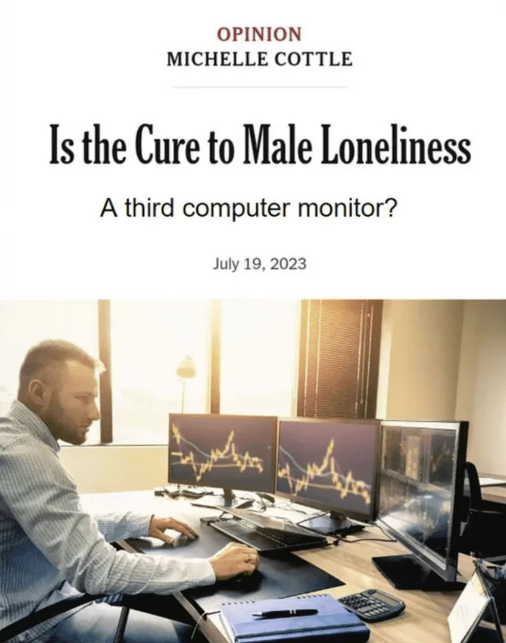 OPINION MICHELLE COTTLE Is the Cure to Male Loneliness A third computer monitor? July 19, 2023