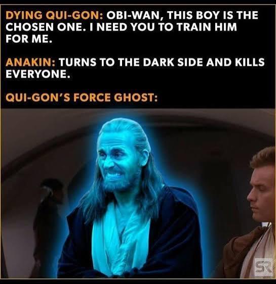 DYING QUI-GON: OBI-WAN, THIS BOY IS THE CHOSEN ONE. I NEED YOU TO TRAIN HIM FOR ME. ANAKIN: TURNS TO THE DARK SIDE AND KILLS EVERYONE. QUI-GON'S FORCE GHOST: G SR