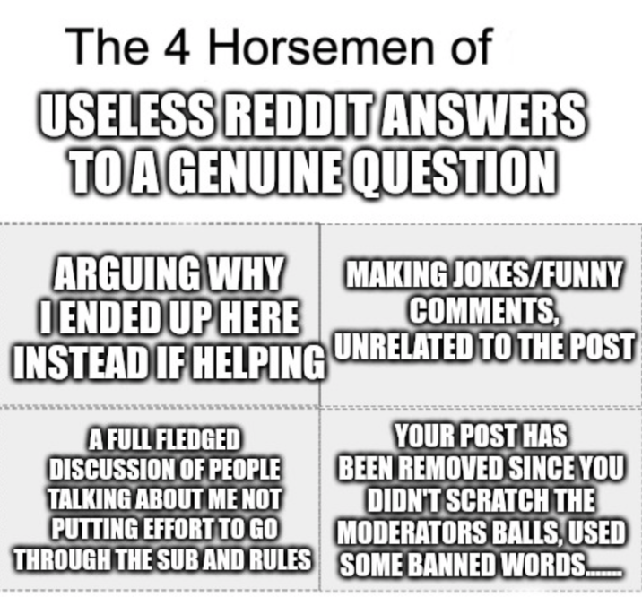 The 4 Horsemen of USELESS REDDIT ANSWERS TO A GENUINE QUESTION ARGUING WHY I ENDED UP HERE INSTEAD IF HELPING A FULL FLEDGED DISCUSSION OF PEOPLE TALKING ABOUT ME NOT PUTTING EFFORT TO GO THROUGH THE SUB AND RULES MAKING JOKES/FUNNY COMMENTS, UNRELATED TO THE POST YOUR POST HAS BEEN REMOVED SINCE YOU DIDN'T SCRATCH THE MODERATORS BALLS, USED SOME BANNED WORDS........