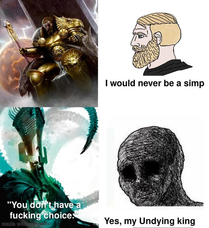 I would never be a simp "You don't have a f------ choice. made with mematic Yes, my Undying king
