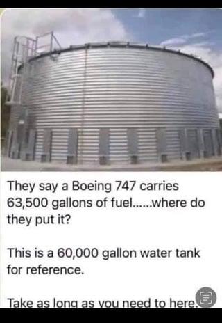 They say a Boeing 747 carries 63,500 gallons of fuel......where do they put it? This is a 60,000 gallon water tank for reference. Take as long as you need to here.