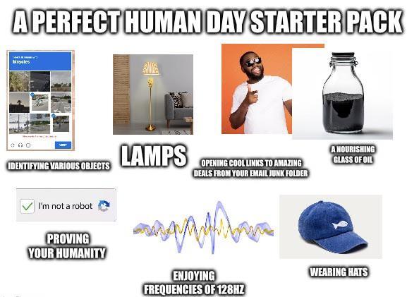 A PERFECT HUMAN DAY STARTER PACK IDENTIFYING VARIOUS OBJECTS LAMPS OPENING COOL LINKS TO AMAZING DEALS FROM YOUR EMAIL JUNK FOLDER I'm not a robot PROVING YOUR HUMANITY ENJOYING FREQUENCIES OF 128HZ A NOURISHING GLASS OF OIL WEARING HATS