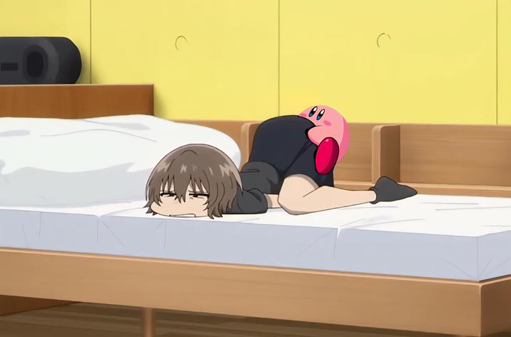 An edit of a meme of Anko on her bed. Kirby is latched onto her posterior.