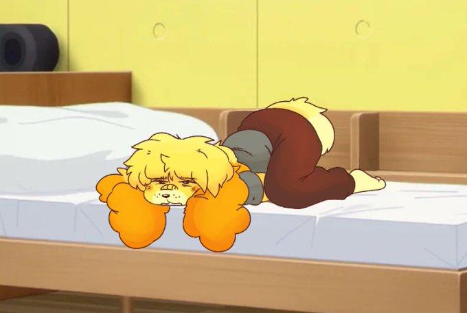 A redraw of the Anko Lying In Bed meme. The redraw shows Isabelle from Animal Crossing in bed.