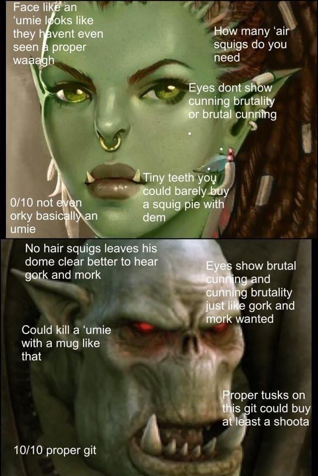 Face like an 'umie looks like they havent even seen a proper waaagh How many 'air squigs do you need Eyes dont show cunning brutality or brutal cunning 0/10 not even orky basically an umie Tiny teeth you could barely buy a squig pie with dem No hair squigs leaves his dome clear better to hear gork and mork Eyes show brutal cunning and cunning brutality just like gork and mork wanted Could kill a 'umie with a mug like that 10/10 proper git Proper tusks on this git could buy at least a shoota