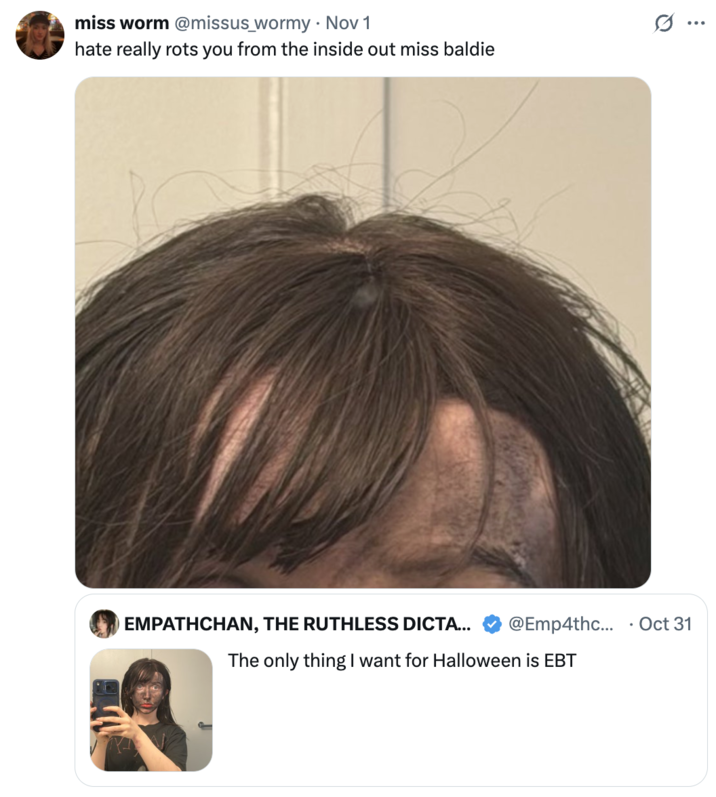 The "quote-tweet":https://knowyourmeme.com/memes/quote-retweets-qrts that started the Empathchan is Bald Theory, concerning "Twitter / X":https://knowyourmeme.com/memes/sites/twitter-x user Empathchan.