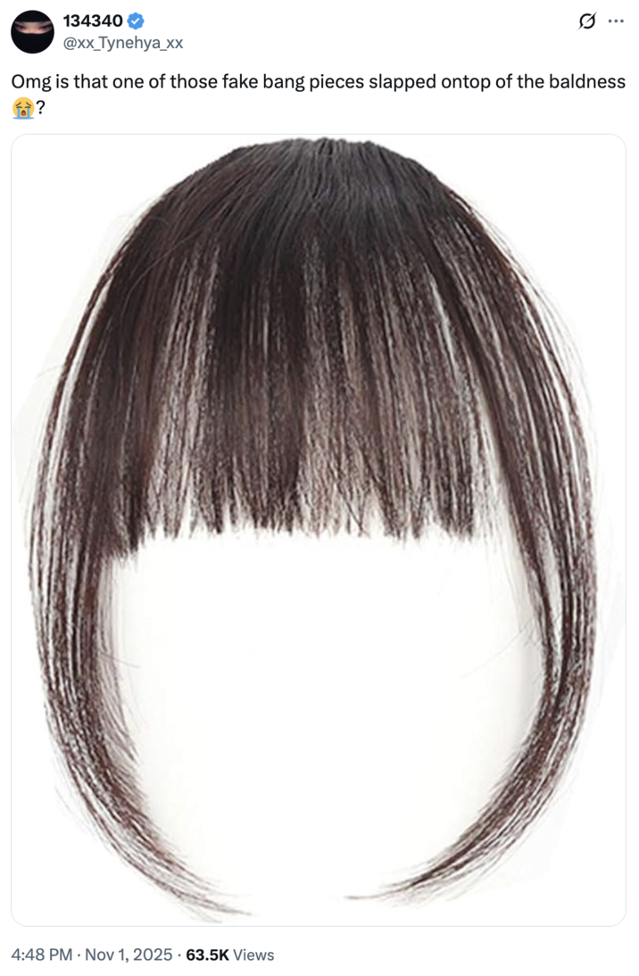 A "tweet":https://knowyourmeme.com/memes/sites/twitter-x speculating that Twitter / X user Empathchan is using clip-on bangs to cover a bald spot. 