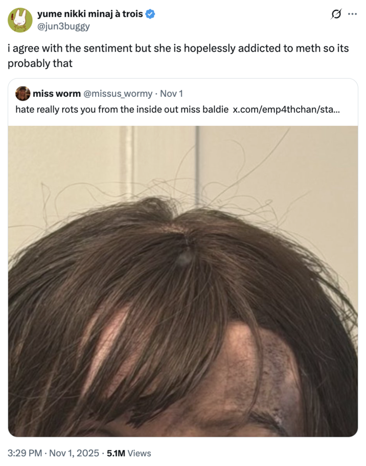 A "tweet":https://knowyourmeme.com/memes/sites/twitter-x mentioning that X user Empathchan is likely addicted to meth, meaning that if she had a bald spot, that could be a reason.