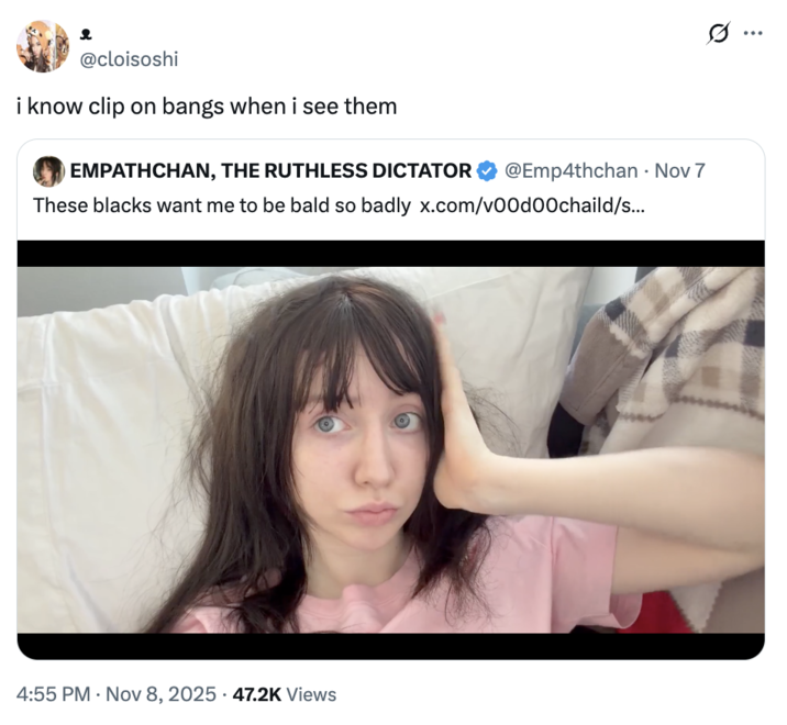 A "tweet":https://knowyourmeme.com/memes/sites/twitter-x joking about Empathchan allegedly using clip-on bangs to cover up a bald spot.