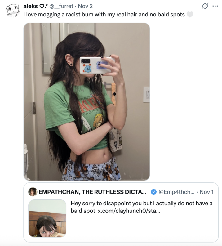 A "quote-tweet":https://knowyourmeme.com/memes/quote-retweets-qrts speculating that "Twitter / X":https://knowyourmeme.com/memes/sites/twitter-x user Empathchan uses clip-on bangs to hide a bald spot.