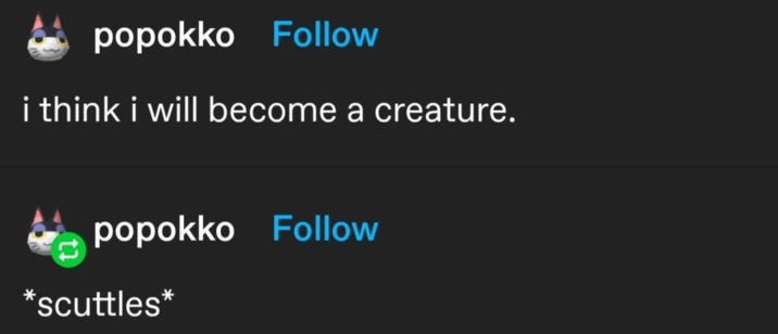 popokko Follow i think i will become a creature. popokko Follow *scuttles*