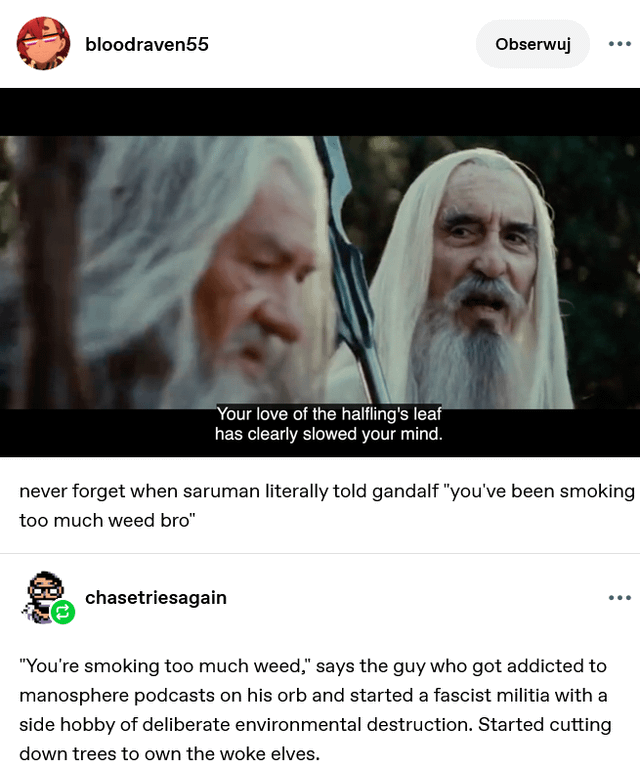 bloodraven55 Obserwuj Your love of the halfling's leaf has clearly slowed your mind. never forget when saruman literally told gandalf "you've been smoking too much weed bro" chasetriesagain "You're smoking too much weed," says the guy who got addicted to manosphere podcasts on his orb and started a fascist militia with a side hobby of deliberate environmental destruction. Started cutting down trees to own the woke elves.