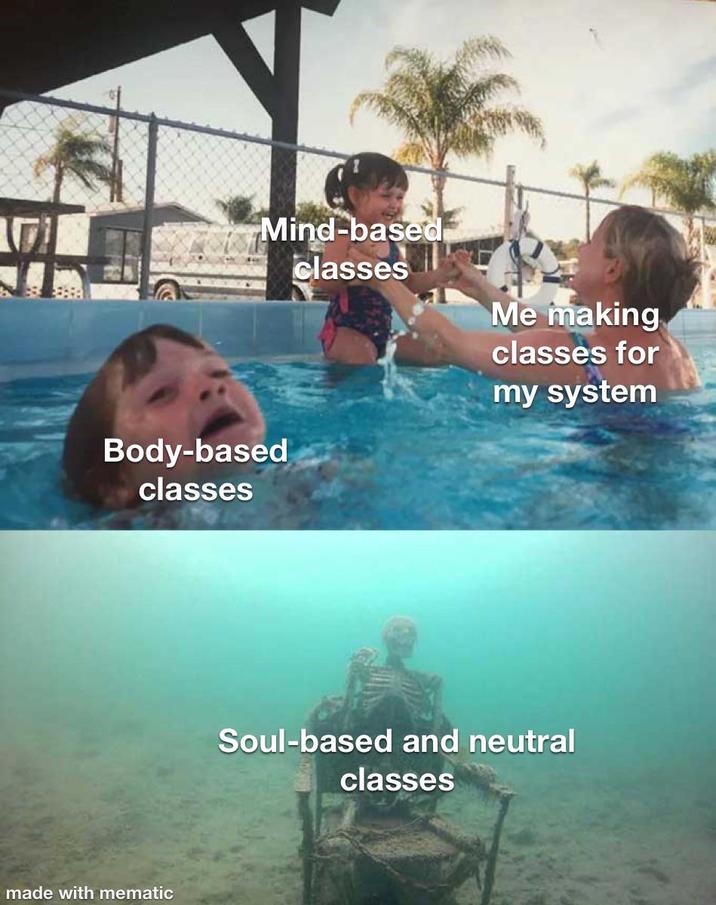 Mind-based Body-based classes made with mematic classes Me making classes for my system Soul-based and neutral classes