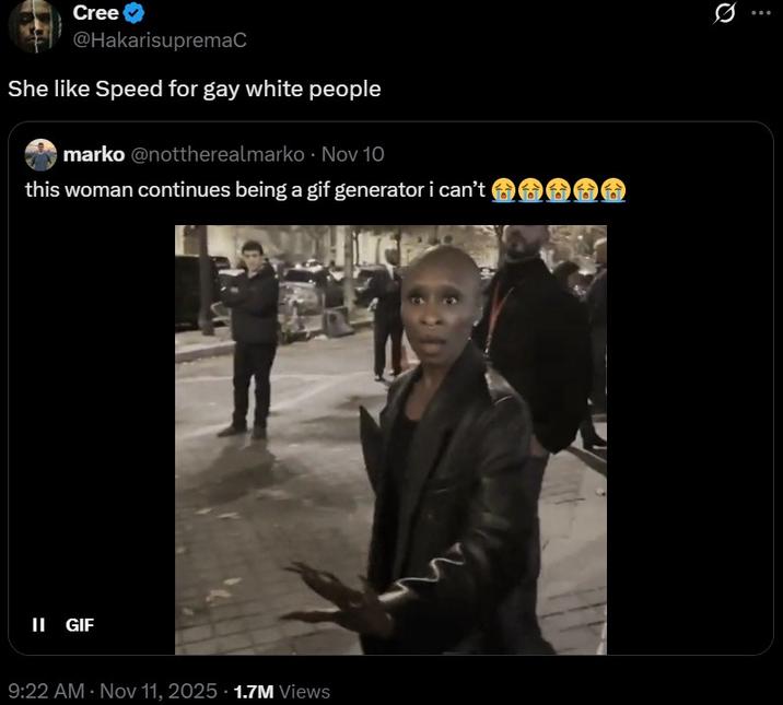A tweet reading, "She like Speed for gay white people." The tweet is in reference to Cynthia Erivo.