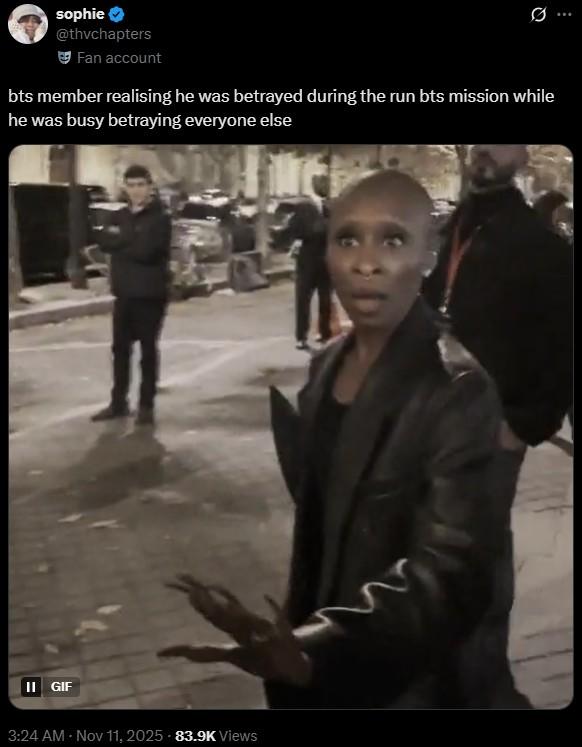 A meme reading, "bts member realising he was betrayed during the run bts mission while he was busy betraying everyone else."