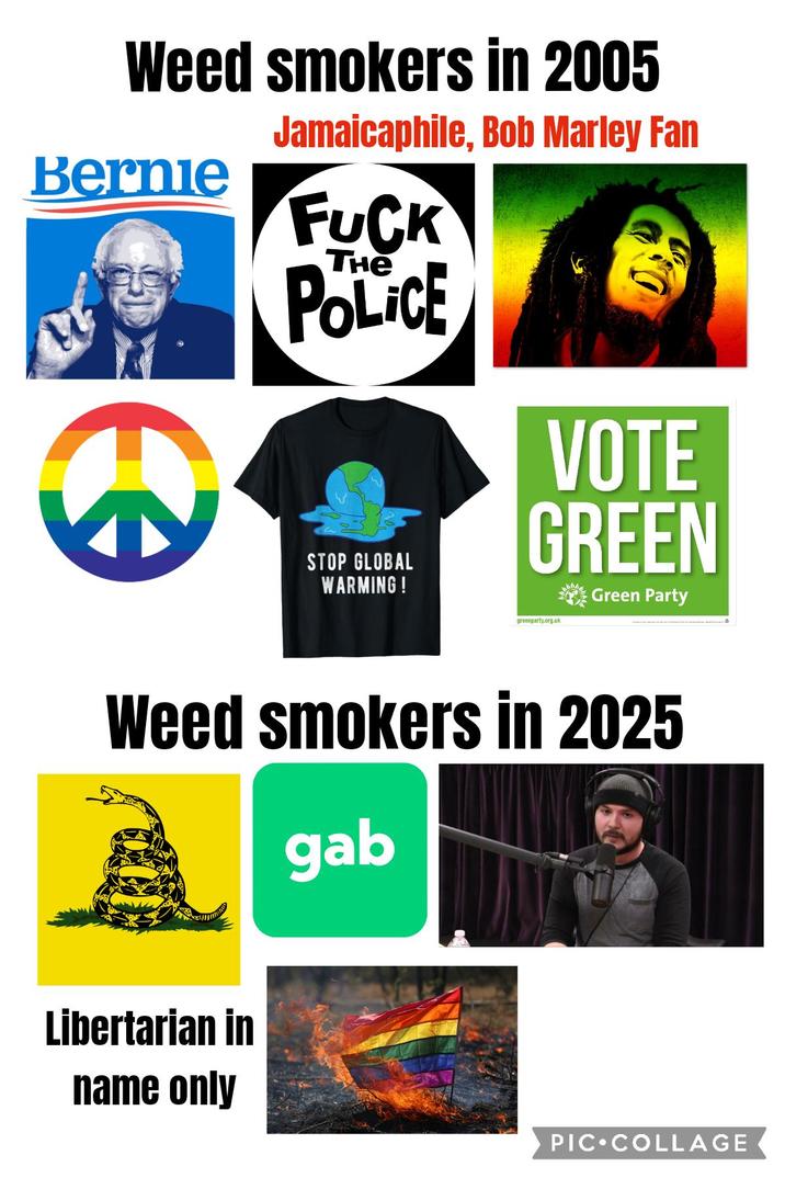 Weed smokers in 2005 Bernie Jamaicaphile, Bob Marley Fan F--- THE POLICE STOP GLOBAL WARMING! VOTE GREEN greenparty.org.uk Green Party Weed smokers in 2025 gab Libertarian in name only PIC⚫COLLAGE