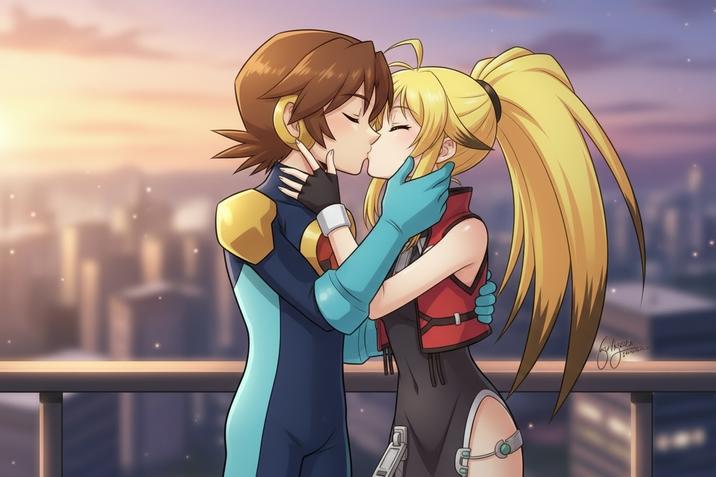Project X Zone: Hub Hikari (Mega Man Exe) and Xiaomu love kiss
Namco, Capcom
love, crush, kiss