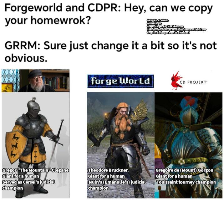Forgeworld and CDPR: Hey, can we copy your homewrok? George R.R.Martin Official logos Gregor Clegane by Max Petersson Theodore Bruckner as seen in Warhammer 3 total war Gregoiro do Gorgon from The Witcher 3 GRRM: Sure just change it a bit so it's not obvious. Forge World CD PROJEKTⓇ Gregor "The Mountain" Clegane Glant for a human Served as Cersei's judicial champion Theodore Bruckner. Giant for a human Nuln's (Emanulle's) judicial champion CC Gregoire de (Mount) Gorgon Giant for a human Touissaint tourney champion