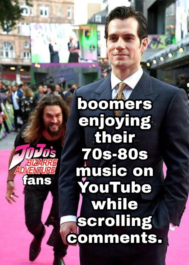 JOJO'S BIZARRE ADVENTURE fans boomers T enjoying their 70s-80s music on YouTube while scrolling comments.