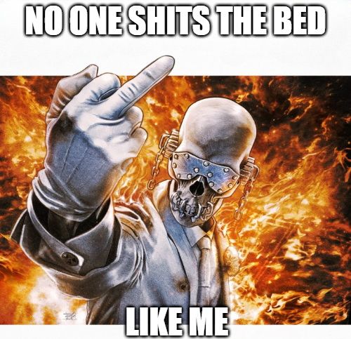 A Megadeth skeleton meme. The meme is captioned, "no one s***s the bed like me."