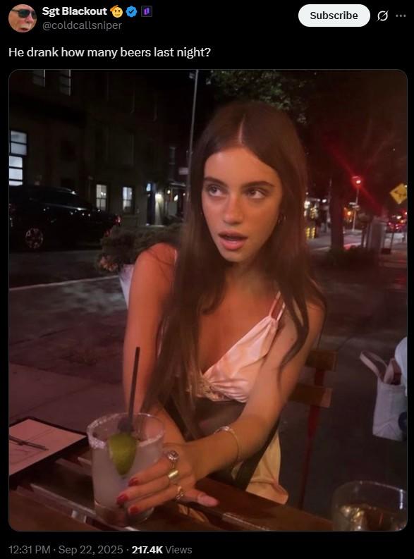 A meme reading, "He drank how many beers last night?" The meme features an image of Brooke Flecca drinking.