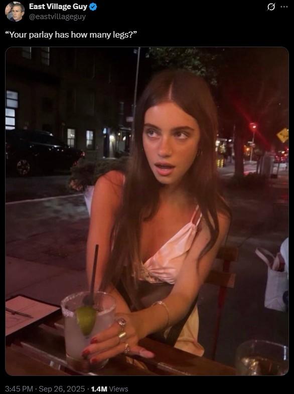 A Brooke Flecca meme. The meme is captioned, “Your parlay has how many legs?”