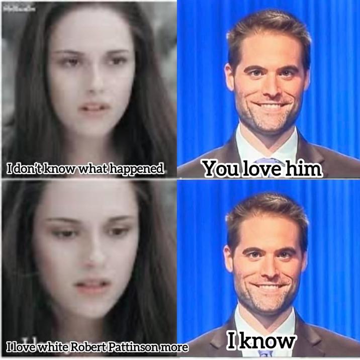 A "meme":https://knowyourmeme.com/memes/memes shared in the 📚Twilight Shitposting💿 "Facebook":https://knowyourmeme.com/memes/sites/facebook-meta group, referencing the White Robert Pattinson meme.