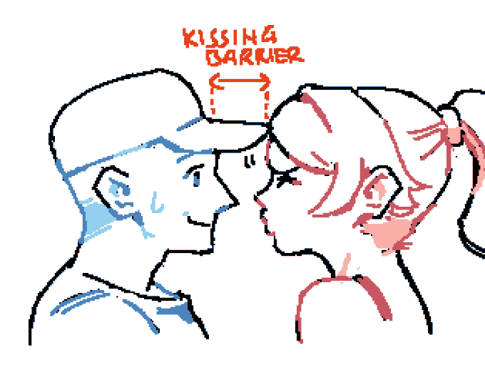 A drawing by X user nycnouu. The art shows a woman unable to kiss a man because his hat brim is acting as a "kissing barrier."