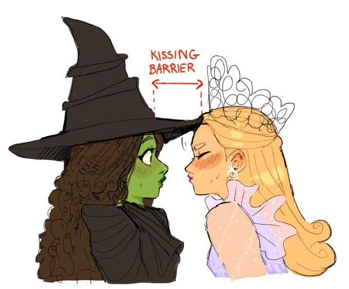 A redraw of the kissing barrier meme. The art features Glinda and Elphaba from Wicked.