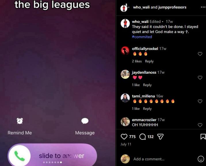 A The Big Leagues Calling meme posted by Instagram user @who_wali in mid-July 2025, which shows an iPhone call incoming edited to read "the big leagues."