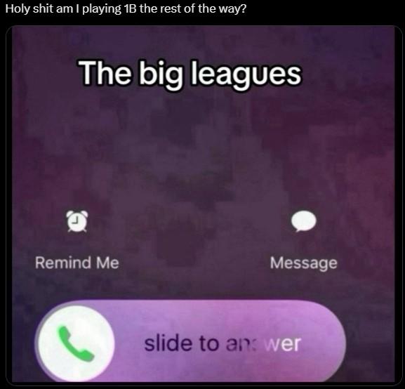 A The Big Leagues Calling meme posted by Twitter / X user @LiamFennessy_ in late July 2025, which shows an iPhone call incoming edited to read "the big leagues."