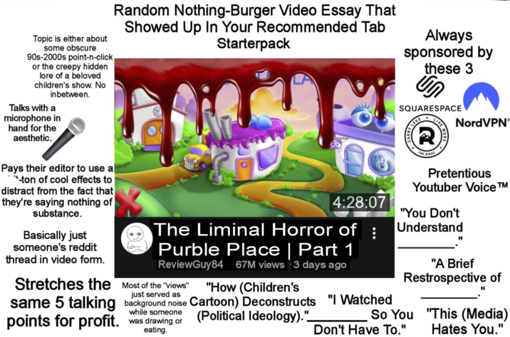 Topic is either about some obscure 90s-2000s point-n-click or the creepy hidden lore of a beloved children's show. No inbetween. Talks with a microphone in hand for the aesthetic. Random Nothing-Burger Video Essay That Showed Up In Your Recommended Tab Starterpack Always sponsored by these 3 رگ SQUARESPACE NordVPN Pays their editor to use a * "-ton of cool effects to distract from the fact that they're saying nothing of substance. Basically just someone's reddit thread in video form. Stretches the same 5 talking points for profit. 4:28:07 The Liminal Horror of Purble Place | Part 1 ReviewGuy84 67M views 3 days ago Most of the "views" background noise was drawing or just served as while someone eating. "How (Children's Cartoon) Deconstructs "I Watched (Political Ideology)." THE RIDGE Pretentious Youtuber Voice™ "You Don't Understand " "A Brief Restrospective of " So You "This (Media) Don't Have To." Hates You."