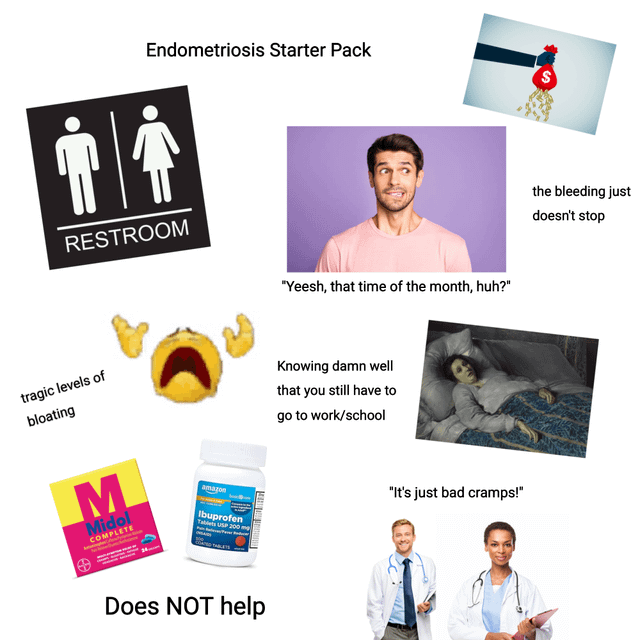 Endometriosis Starter Pack S RESTROOM "Yeesh, that time of the month, huh?" tragic levels of bloating Knowing damn well that you still have to go to work/school M Midol COMPLETE Ibuprofen Tabs USP 200 m Does NOT help "It's just bad cramps!" the bleeding just doesn't stop