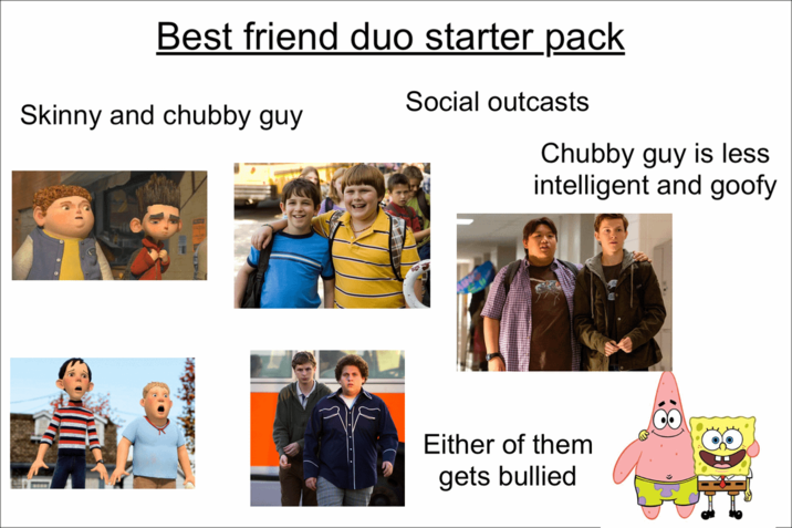 Best friend duo starter pack Skinny and chubby guy Social outcasts Chubby guy is less intelligent and goofy Either of them gets bullied