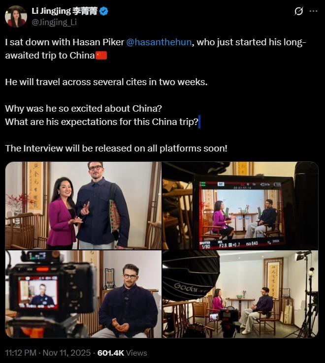 A tweet by Chinese journalist Li Jingjing. She is announcing an interview with Hasan Piker.
