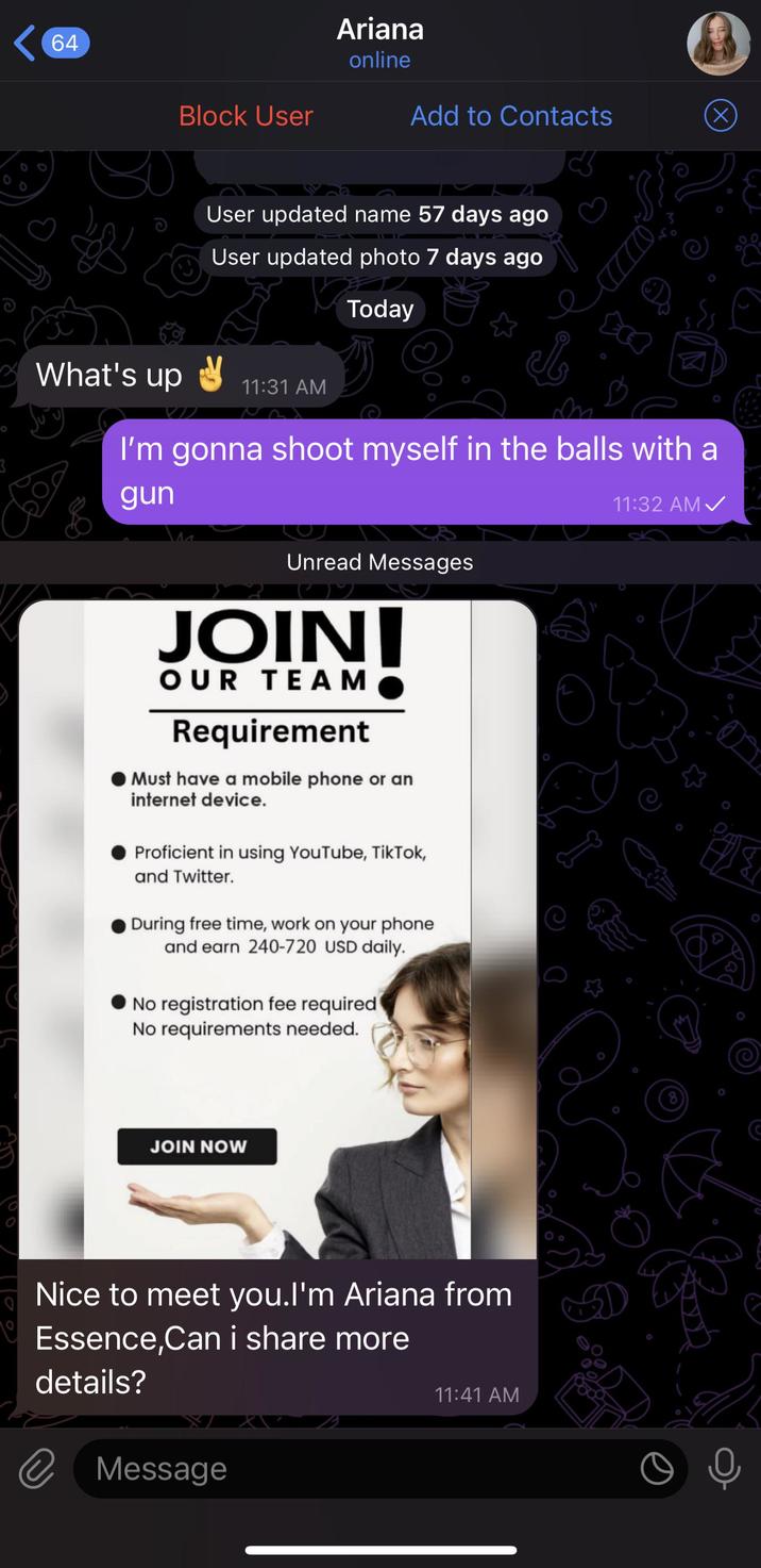 0 64 Ariana online G Block User Add to Contacts (X) User updated name 57 days ago User updated photo 7 days ago Today What's up 11:31 AM I'm gonna shoot myself in the balls with a gun 11:32 AM✓ Unread Messages JOINI OUR TEAM Requirement Must have a mobile phone or an internet device. Proficient in using YouTube, TikTok, and Twitter. During free time, work on your phone and earn 240-720 USD daily. No registration fee required No requirements needed. JOIN NOW Nice to meet you.I'm Ariana from Essence,Can i share more details? 11:41 AM @ Message 30