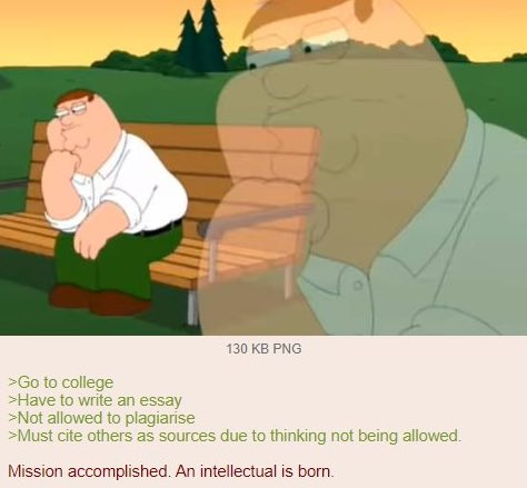 >Go to college 130 KB PNG >Have to write an essay >Not allowed to plagiarise >Must cite others as sources due to thinking not being allowed. Mission accomplished. An intellectual is born.