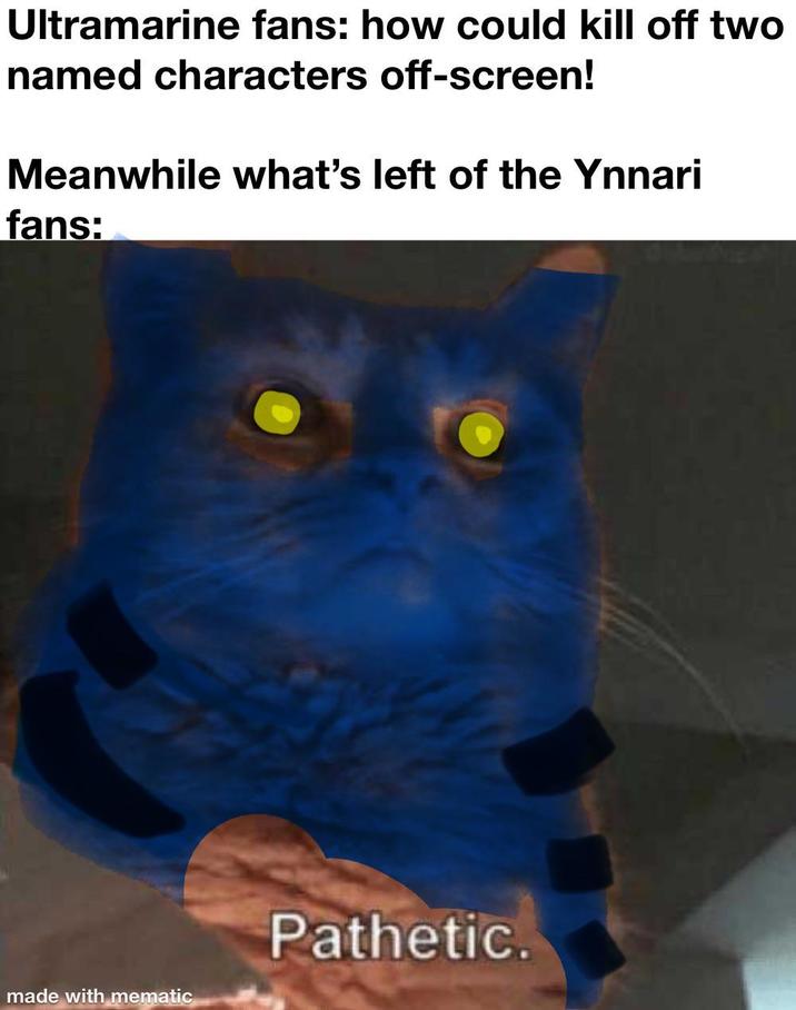 Ultramarine fans: how could kill off two named characters off-screen! Meanwhile what's left of the Ynnari fans: made with mematic Pathetic.
