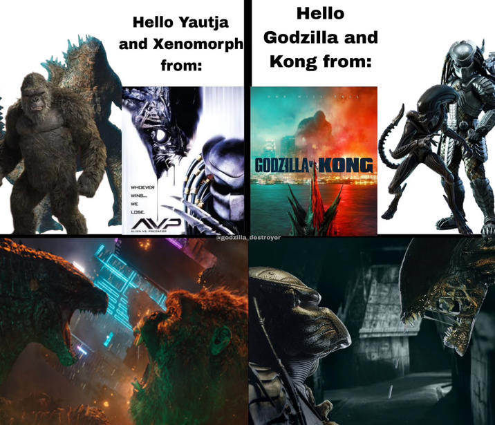 Hello Yautja and Xenomorph from: Hello Godzilla and Kong from: WHOEVER WINS... WE LOSE AVP ALIEN VS. PREDATOR GODZILLA KONG @godzilla_destroyer