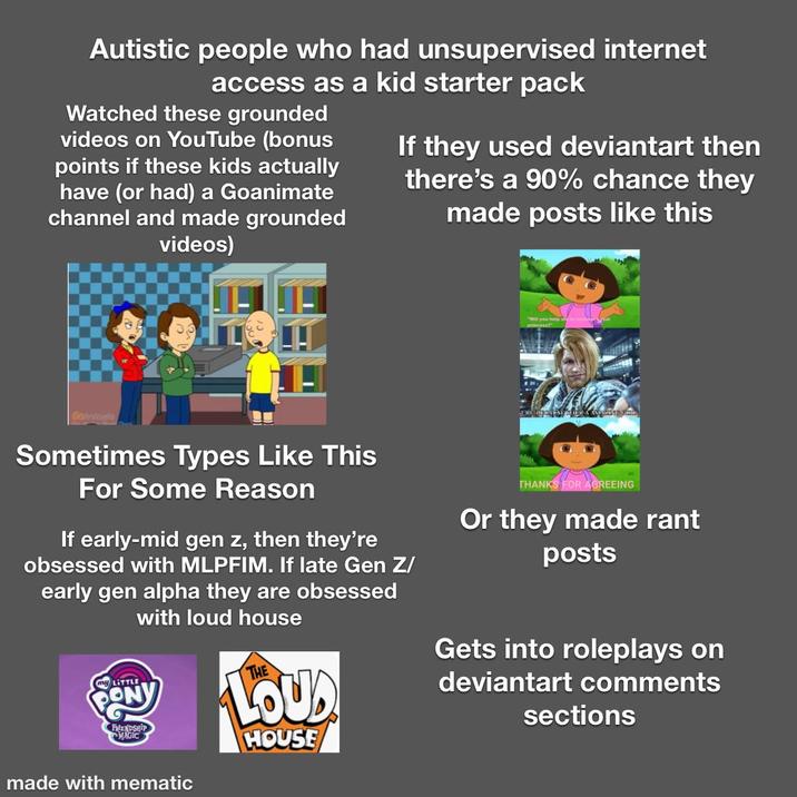 Autistic people who had unsupervised internet access as a kid starter pack Watched these grounded videos on YouTube (bonus points if these kids actually have (or had) a Goanimate channel and made grounded videos) If they used deviantart then there's a 90% chance they made posts like this Sometimes Types Like This For Some Reason If early-mid gen z, then they're obsessed with MLPFIM. If late Gen Z/ early gen alpha they are obsessed with loud house THANKS FOR AGREEING Or they made rant posts my LITTLE PON FRIENDSHIP MAGIC made with mematic THE LOUD HOUSE Gets into roleplays on deviantart comments sections