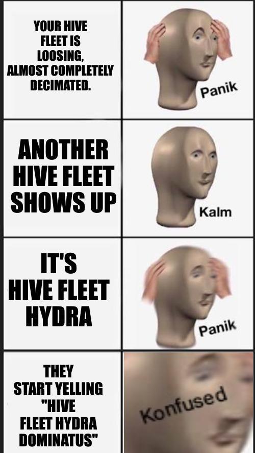 YOUR HIVE FLEET IS LOOSING, ALMOST COMPLETELY DECIMATED. ANOTHER HIVE FLEET SHOWS UP IT'S HIVE FLEET HYDRA Panik Kalm Panik THEY START YELLING "HIVE FLEET HYDRA DOMINATUS" Konfused