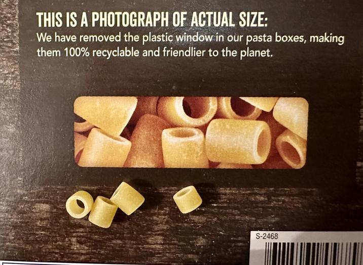 THIS IS A PHOTOGRAPH OF ACTUAL SIZE: We have removed the plastic window in our pasta boxes, making them 100% recyclable and friendlier to the planet. S-2468